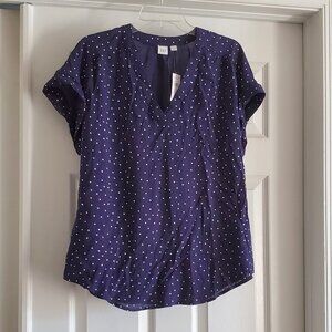 NWT Gap Navy Blue Polka Dot V Neck Popover Top Blouse L